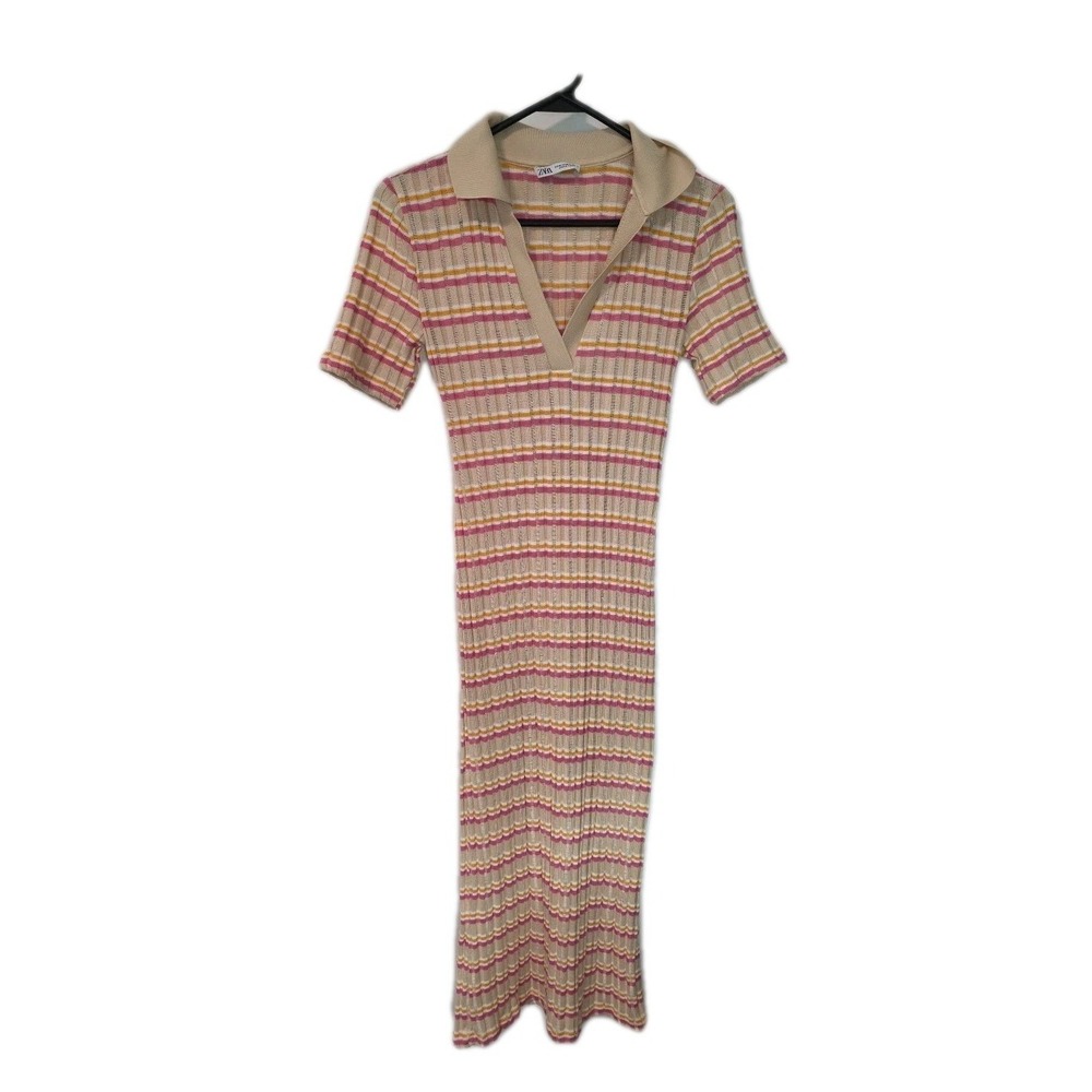 Zara Women's Colorful Striped Knit Collared Maxi Sheer Short Sleeve Size Medium